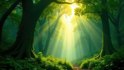 Obraz premium Tall trees block sunlight filtering through temple leaves, filter, jungle, vegetation