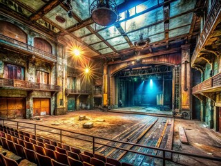 Abandoned Theater Stage with Grid, Urban Exploration Photography, Industrial Decay, Grungy Setting