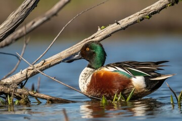 Obraz premium The Northern Shoveler's iridescent feathers glisten in the sunlight on a branch submerged in the lake, lake life, preening