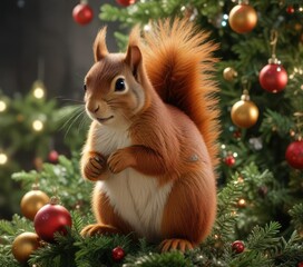 The squirrel's bushy tail is adorned with tiny bells that jingle as it moves around the Christmas tree, festive, holiday decor, ornaments