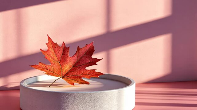 Vibrant red maple leaf on a round white plate in soft sunlight casting shadows indoors