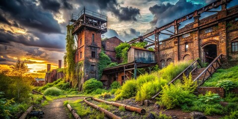 Fototapeta premium Abandoned Zeche Coal Mine, Industrial Ruins, Rule of Thirds Composition