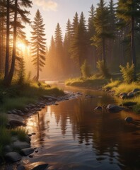 Obraz premium The warm glow of sunset illuminates the forest river, highlighting the gentle curves of the shoreline , sunset, outdoors