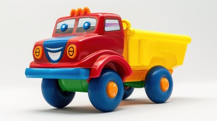 Naklejka premium A colorful toy truck with movable wheels and a smiling face, resting on a white background.