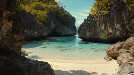 Fototapeta premium hidden cove with crystal-clear blue waters, surrounded by towering limestone cliffs, soft white sand, cinematic storytelling