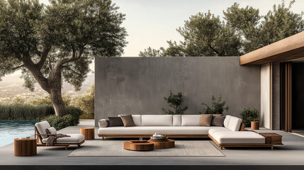 Outdoor Luxury Lounge:  A modern, expansive outdoor sectional sofa in light wood and off-white fabric, complements a sleek, concrete wall backdrop. The scene includes wooden side tables.