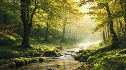 Obraz premium Towering trees standing sentinel over a tranquil forest stream, leaves, natural scenery, serene water