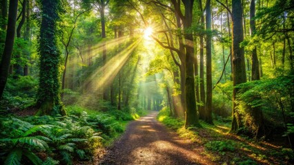Obraz premium Trail with dense forest foliage and sunlight filtering through the canopy, nature, forest, sunlight, foliage