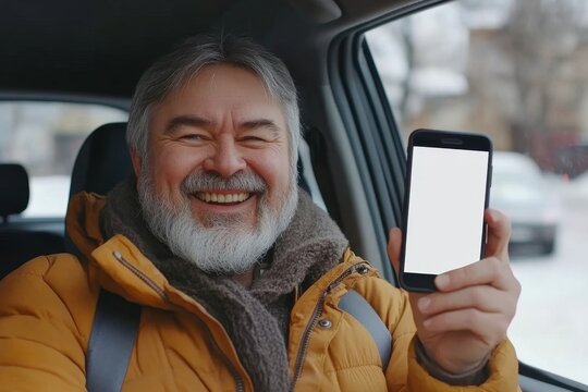 Cheerful middle aged man showing cellphone with blank screen through opened car window, driver advertising navigational application, Generative AI