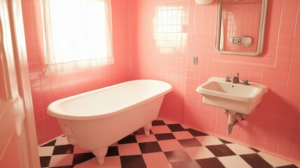 Mid-century pink bathroom with checkered flooring and a charming antique glow
