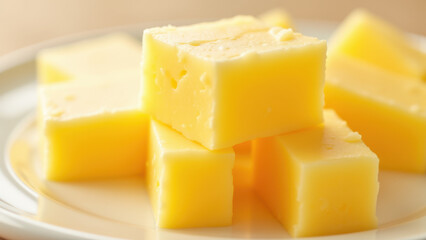 A plate of cubed yellowish beef tallow.