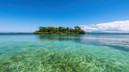 Fototapeta premium Tropical Island With Lush Vegetation In Crystal Clear Turquoise Water