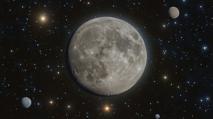 Moon amidst stars and planets, a tranquil celestial alignment in the night sky.