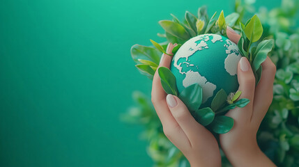 Hands Holding Earth with Green Leaves Background