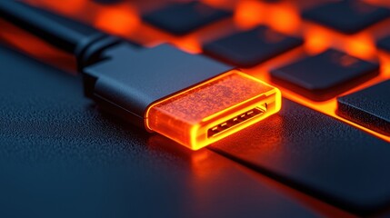 Backup Day concept. Glowing USB Drive Plugged into Computer Keyboard in Close up View