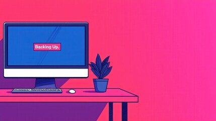 Backup Day concept. Minimalist Desk Setup with Laptop and Potted Plant on a Bright Background