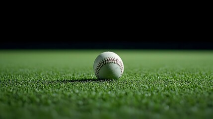 Closeup of a Baseball on Green Grass at Night