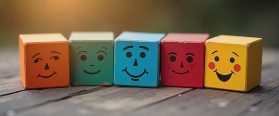 Colorful wooden blocks with smiling faces, cheerful mood, playful concept, children's decor