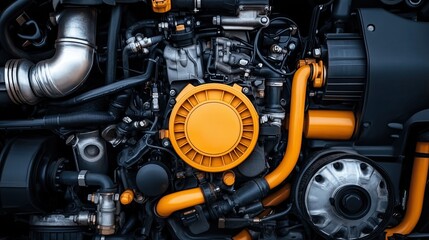 Yellow engine of heavy machinery truck displays intricate piping in a professional setting with a blue or white background