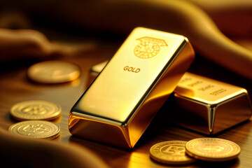 Gold bar and coins in luxurious financial concept. AI generated