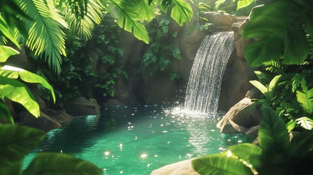 hidden waterfall deep in the Amazon rainforest, sunlight filtering through thick green leaves, crystal-clear water reflecting the sky
