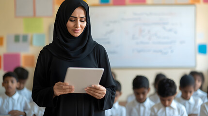Educator using tablet with students in classroom. Modern education in diverse settings. Promoting knowledge and learning with technology.