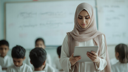Teacher using a tablet in a classroom with students. The educator is guiding children in a lesson. Modern teaching approaches.