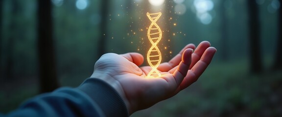 Hand holding glowing DNA strand in mystical forest, science magic symbolism