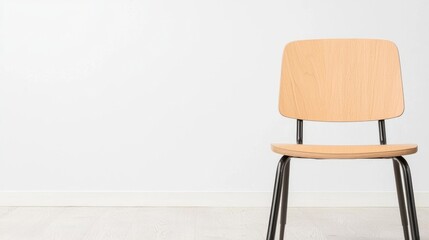 Modern wooden chair against white wall