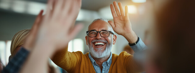 Obraz premium Team members celebrating success with high fives, showcasing joy and camaraderie in collaborative environment. atmosphere is filled with positivity and achievement