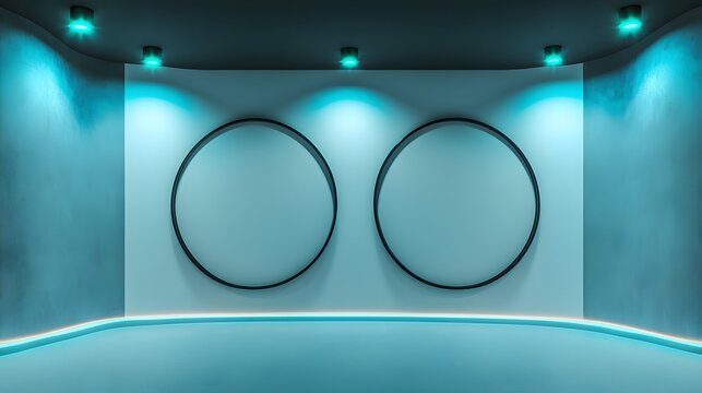 A curved white wall lit by seven cyan spotlights, featuring two oversized circular blank frames placed on either end of the wall. The glowing edges of the resin tiles highlight the frames. - Powered by Adobe