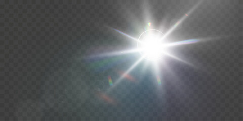 Bright white light explosion with lens flare, rainbow reflections, and sparkles on transparent background.