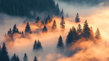 Obraz premium Majestic Sunrise Over Foggy Mountain Coniferous Forest