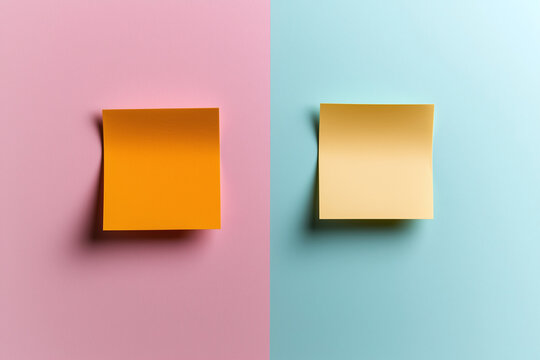Bright sticky notes on pastel backgrounds create vibrant contrast. orange note on pink and yellow note on blue evoke playful and creative atmosphere