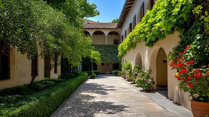 Fototapeta premium Sunlit Courtyard with Stone Path and Lush Greenery