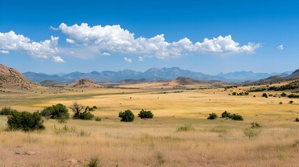 Obraz premium Golden Grassy Field With Distant Mountains Under Blue Sky