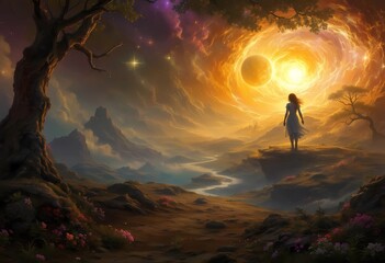 Fototapeta premium Celestial Dreamscape: A Woman Gazes Upon a Cosmic Portal