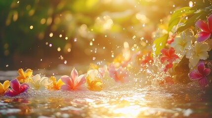 Vibrant water splashes with floral garlands and Thai patterns, celebrating Songkran's festive and refreshing spirit.