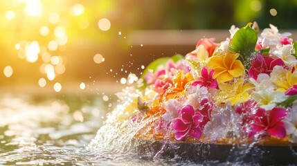 Vibrant water splashes with floral garlands and Thai patterns, celebrating Songkran's festive and refreshing spirit.