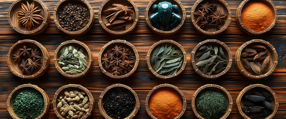 Fototapeta premium Assortment Of Spices In Small Bowls On Wooden Surface
