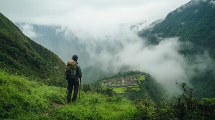 hiker standing at Machu Picchu, Incan ruins surrounded by lush green mountains, morning mist rolling through
