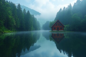 Fototapeta premium Serene lakeside cabin surrounded by misty forests and mountains reflecting in calm waters