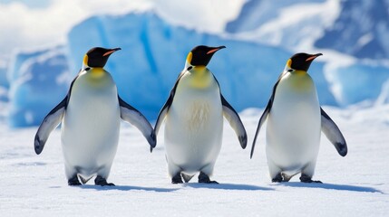 Obraz premium icy wonderland in Antarctica, towering blue glaciers, penguins waddling on the snow