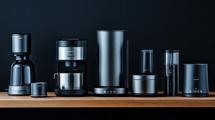 Fototapeta premium Modern coffee and kitchen appliances on a wooden surface against a dark background