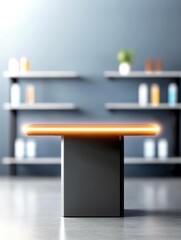 e-commerce growth and logistics concept. Modern table with illuminated edge against a minimalistic background featuring shelves and bottles.