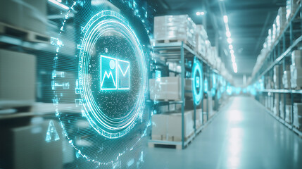 Futuristic smart warehouse with automated robotic systems and digital inventory management featuring glowing interface elements representing logistics optimization and high-tech supply chain efficienc