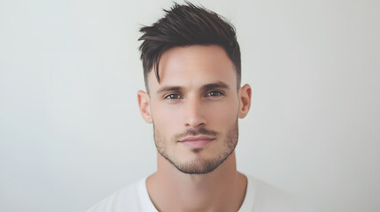 Fototapeta premium Portrait of a handsome man with a stylish haircut and clean-shaven face, gazing intently at the camera against a plain background. 