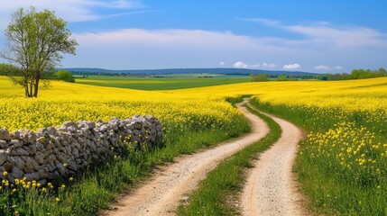 Winding road through yellow rapeseed field, sunny day, countryside landscape, idyllic scene, nature photography