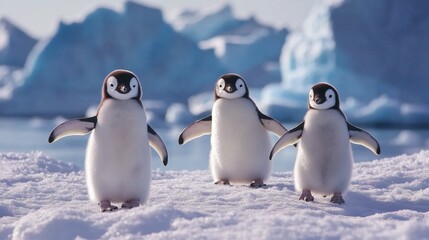 Obraz premium icy wonderland in Antarctica, towering blue glaciers, penguins waddling on the snow