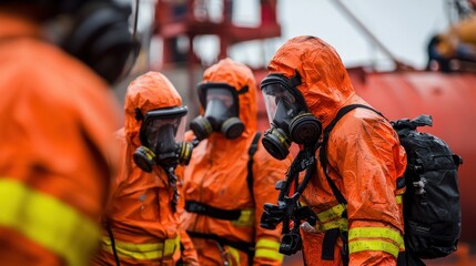 Hazmat team responds to chemical spill industrial site emergency response urban environment close-up view safety protocols